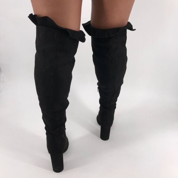 RESTOCKED Faux Suede Lace Up Knee Hi Boots – Black - Picture 2 of 6